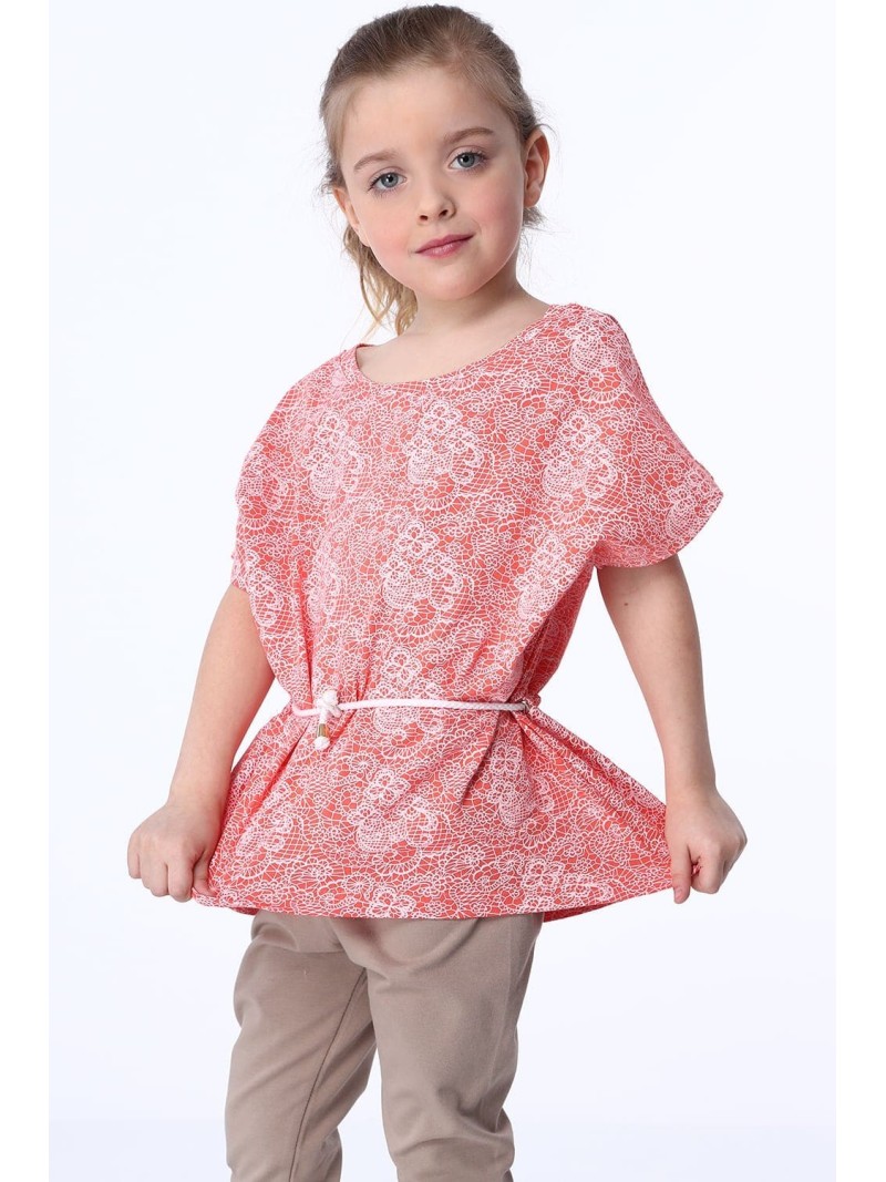 Girls\' blouse with ties, white and coral NDZ8200 - Online store - Boutique